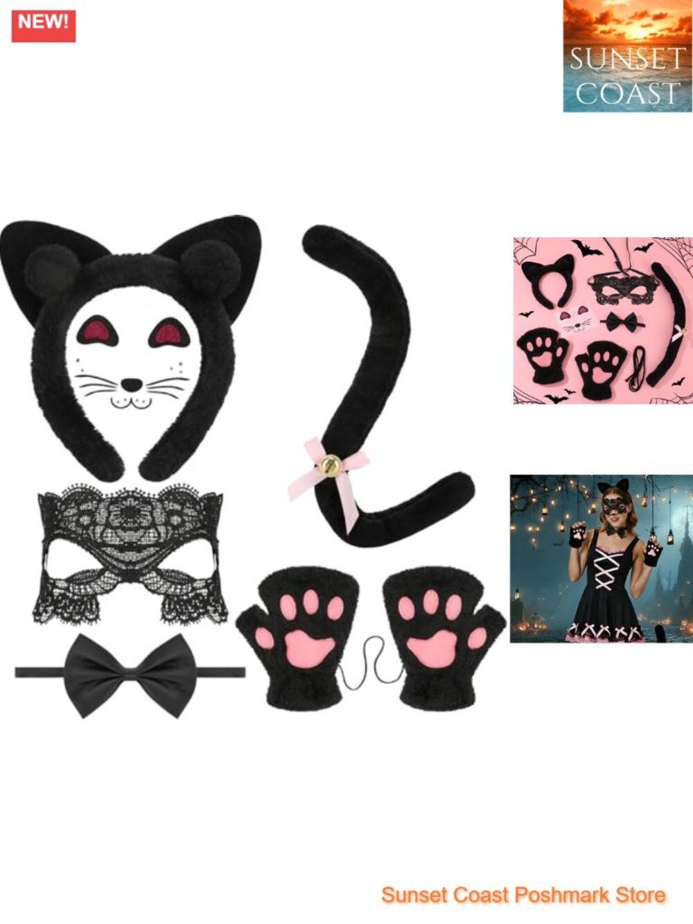 6 Pc Black Cat Costume Set Plush Tail Ears Gloves Mask Bow Tie Halloween Cosplay